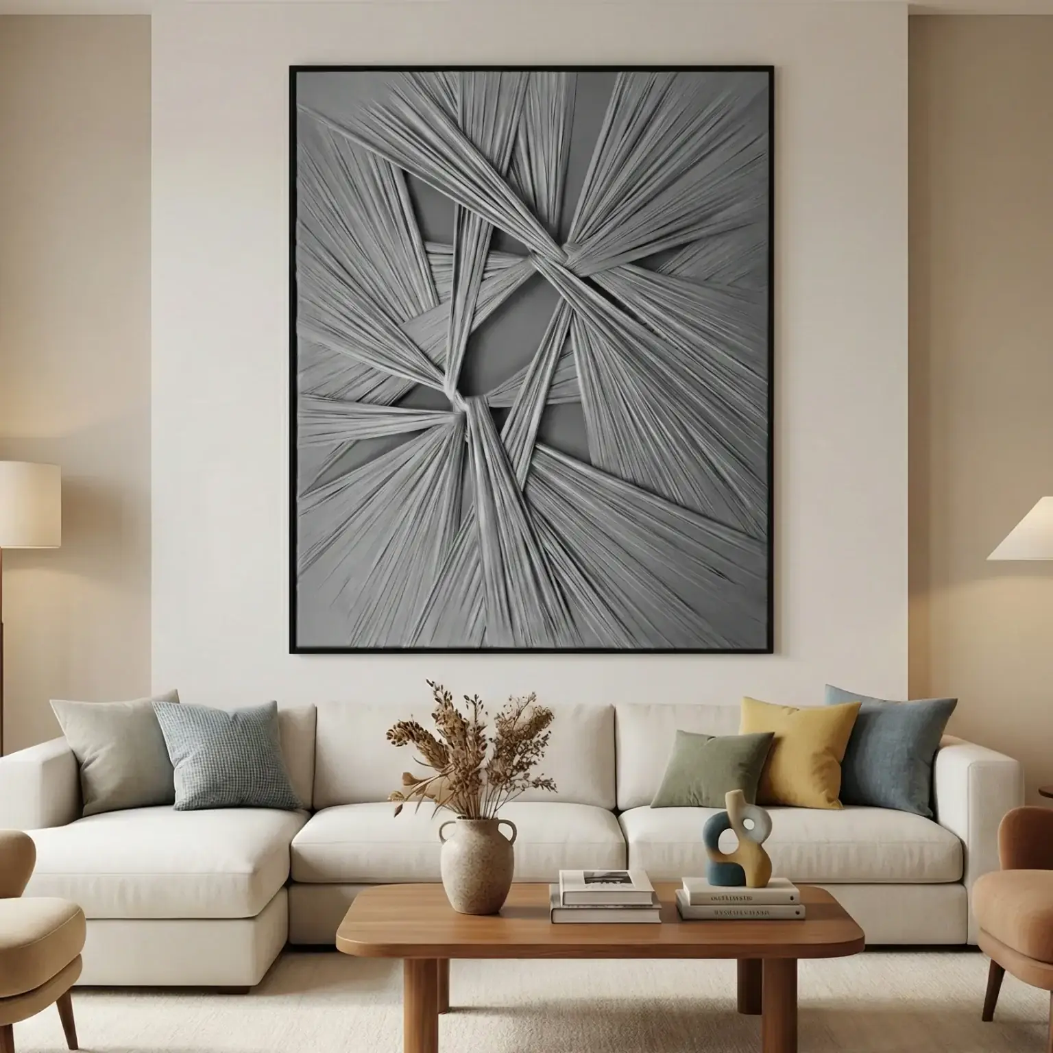 Grey textured radiating lines artwork framed above a cream sectional sofa