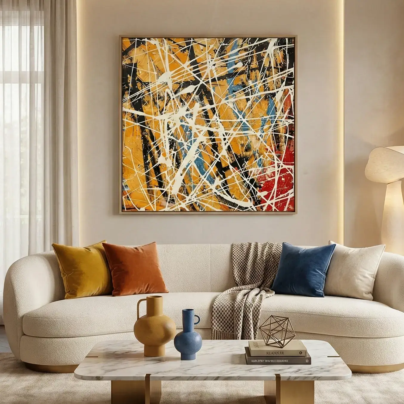 Abstract expressionist hand-painted canvas with dynamic white gestural marks, golden yellows and deep blacks, contemporary living space