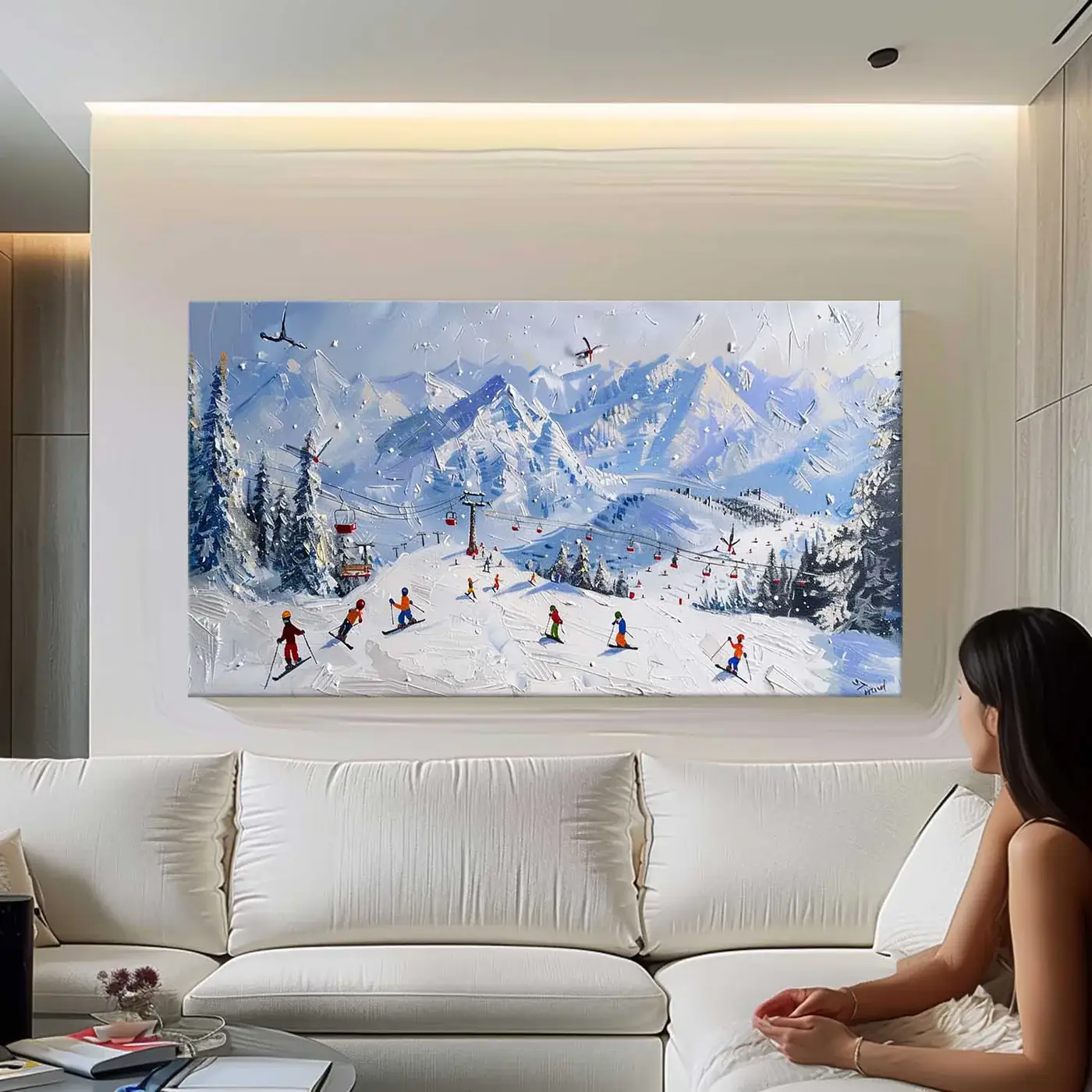 Textured contemporary canvas depicting vibrant ski resort scene with snow-covered mountains and colorful skiers, modern living space