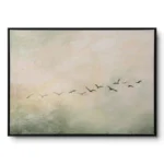 Beige minimalist canvas with small birds in flight across a soft neutral field