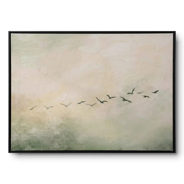 Beige minimalist canvas with small birds in flight across a soft neutral field