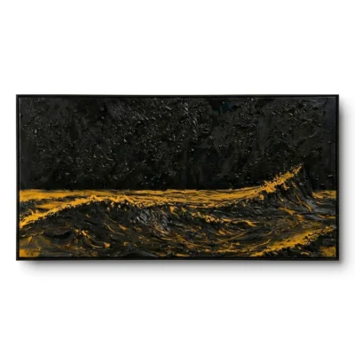 Black textured abstract seascape with a bold gold wave crest breaking across the canvas, in a thin black floater frame