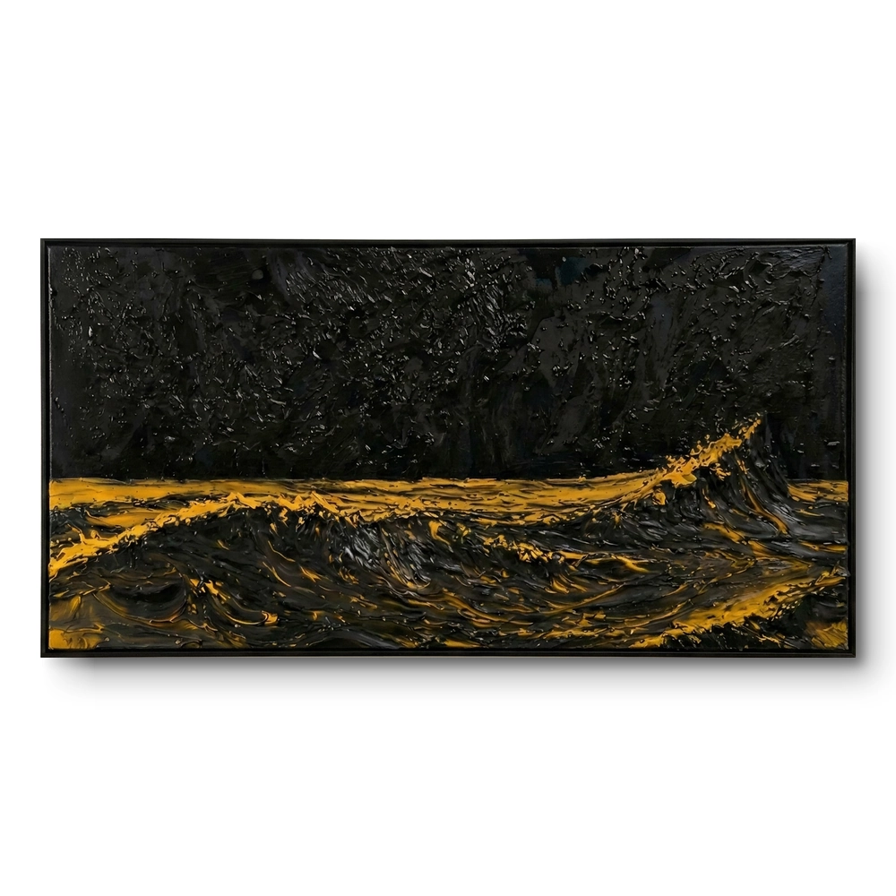 Black Tide Crest Tactile gold and dark seascape minimal wall decor Black textured abstract seascape with a bold gold wave crest breaking across the canvas, in a thin black floater frame