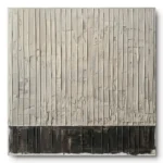 Plaster relief with fine vertical ivory ribs and a black textured band along the bottom edge, raw canvas edge