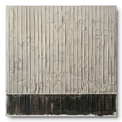 Plaster relief with fine vertical ivory ribs and a black textured band along the bottom edge, raw canvas edge