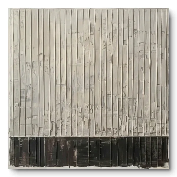 Plaster relief with fine vertical ivory ribs and a black textured band along the bottom edge, raw canvas edge