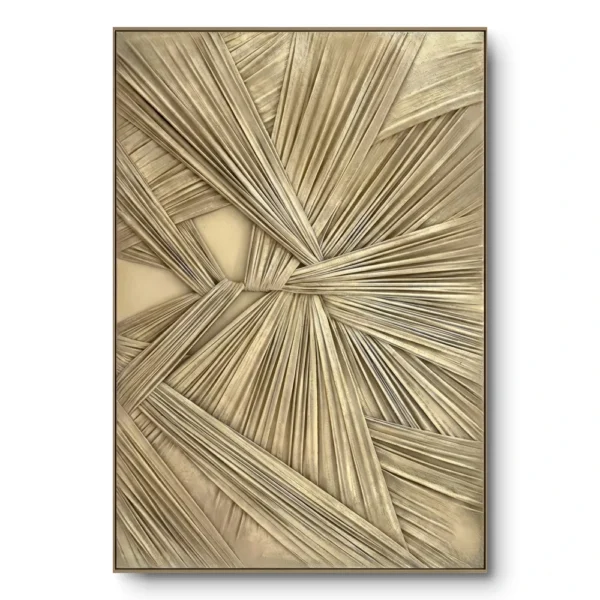 Champagne-gold sculpted relief of radiating pleated ribbons converging at a central knot, in a slim brass-toned floater frame