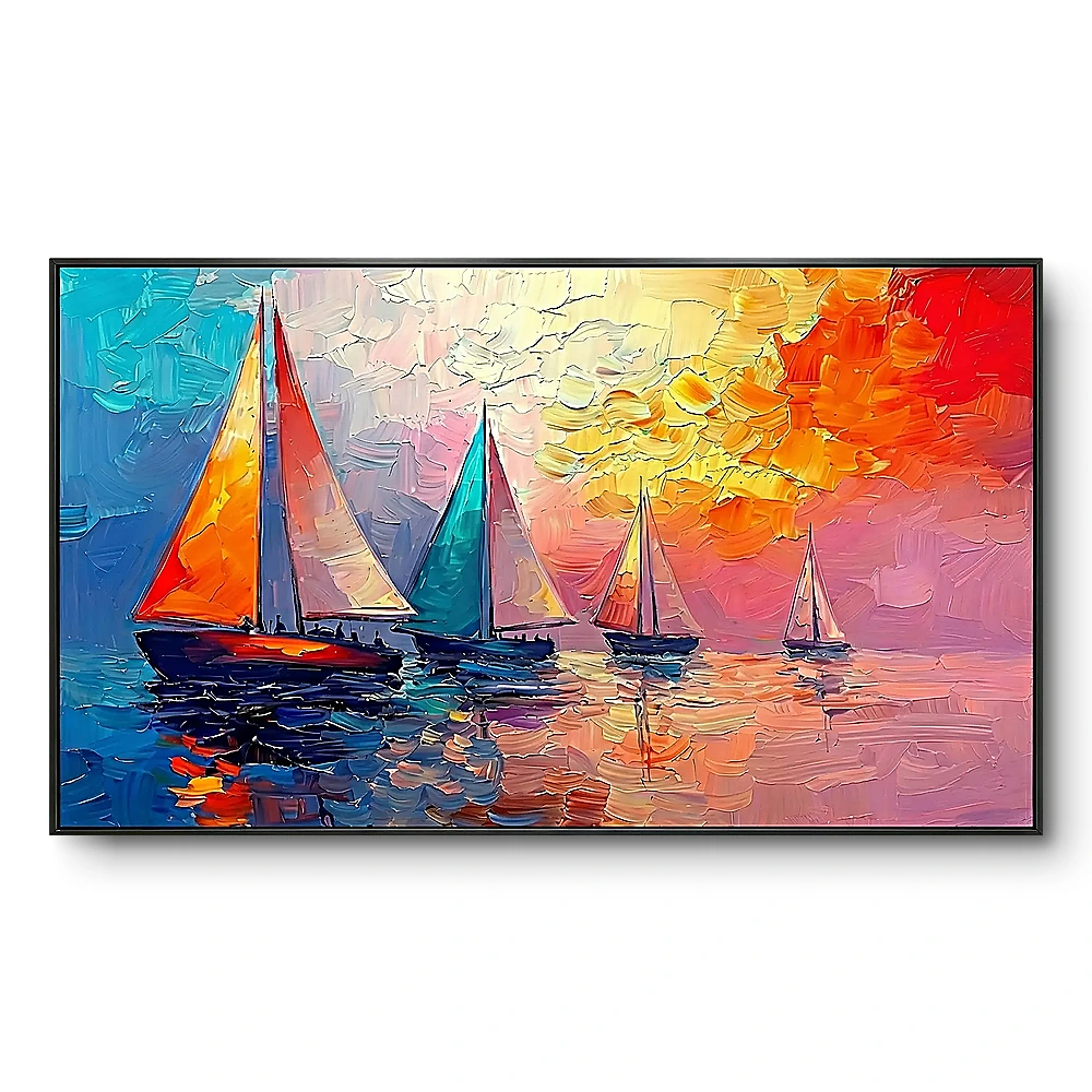 Textured painting of five sailboats in orange, red and teal under a blue-to-orange sunset sky, black frame, panoramic