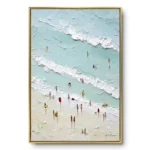 Aerial coastal painting of turquoise waves and white textured foam rolling toward a sandy beach dotted with small figures, thin gold frame