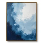 Textured gradient abstract painting moving from deep navy blue to soft white, gold frame