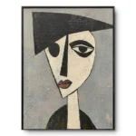 Cubist-style portrait painting of an elongated cream face beneath a dark wide-brim hat, textured grey ground, black frame