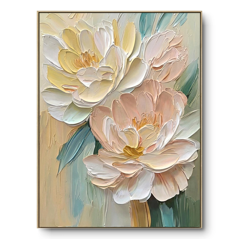Textured painting of pale yellow and blush pink peony flowers with teal leaves, thin gold frame