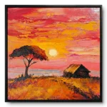 Textured painting of an acacia tree and hut in silhouette against a red-orange African savanna sunset, black frame