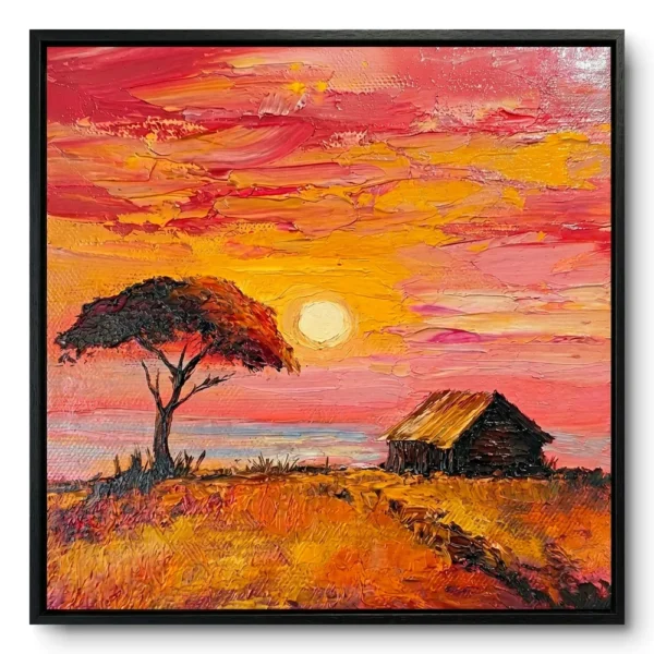 Textured painting of an acacia tree and hut in silhouette against a red-orange African savanna sunset, black frame