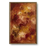 Abstract painting of swirling red, ochre and gold impasto brushstrokes, thin gold frame