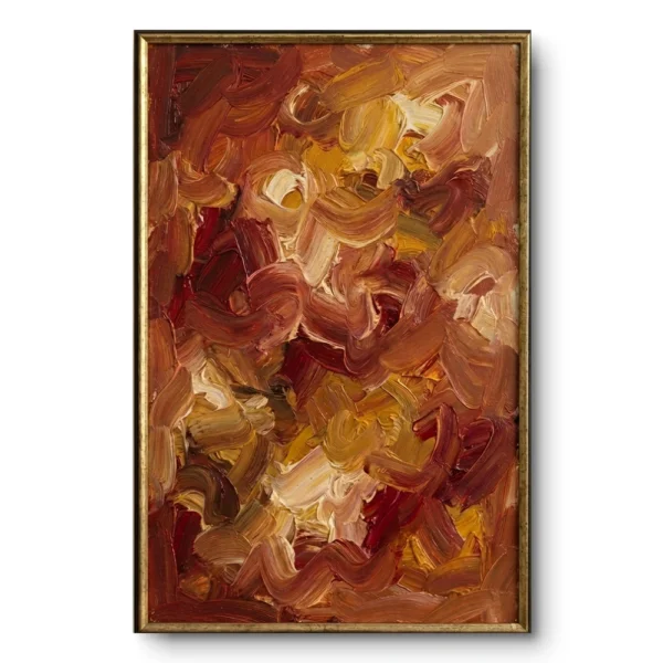 Abstract painting of swirling red, ochre and gold impasto brushstrokes, thin gold frame