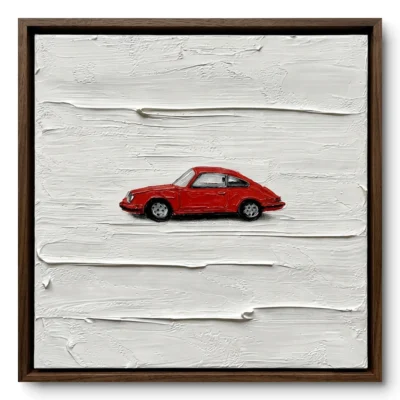 Painting of a small red vintage sports car on a thick raw white textured ground, walnut frame