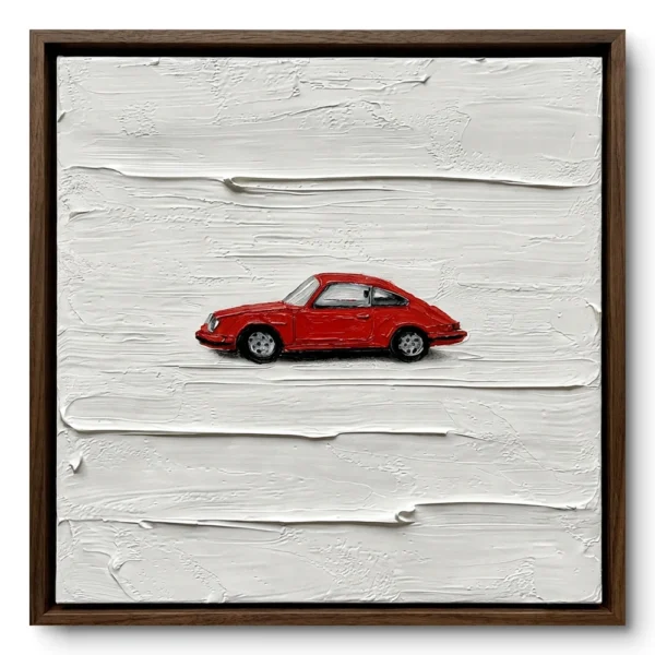Painting of a small red vintage sports car on a thick raw white textured ground, walnut frame