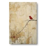 Textured painting of a red cardinal perched on a bare branch against a warm beige ground, raw canvas edge