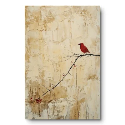 Textured painting of a red cardinal perched on a bare branch against a warm beige ground, raw canvas edge