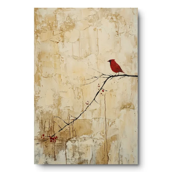 Textured painting of a red cardinal perched on a bare branch against a warm beige ground, raw canvas edge