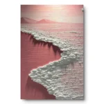 Abstract textured painting of white surf against rose-pink sand with distant mountains in a pink haze, raw canvas edge