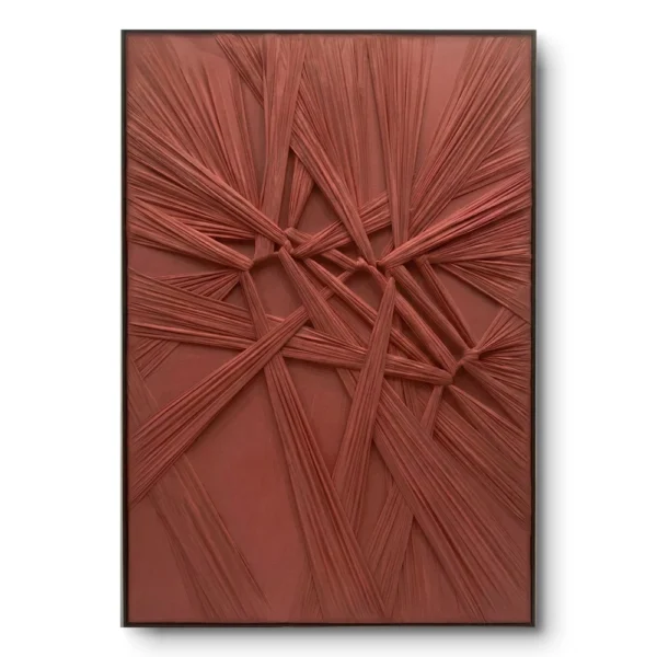 Terracotta-red woven fabric relief with interlaced raised fiber strands, black frame