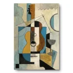 Flat cubist still life painting of a guitar and wine glass in blue, tan and black geometric shapes, black frame