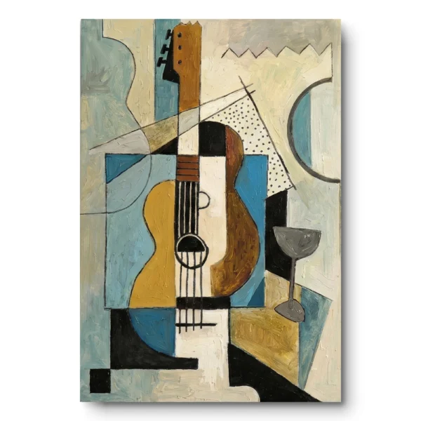 Flat cubist still life painting of a guitar and wine glass in blue, tan and black geometric shapes, black frame