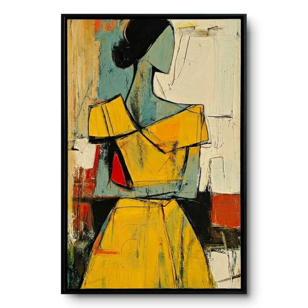 Textured cubist figure painting, a woman in a mustard-yellow dress in profile against a teal and cream ground, black frame