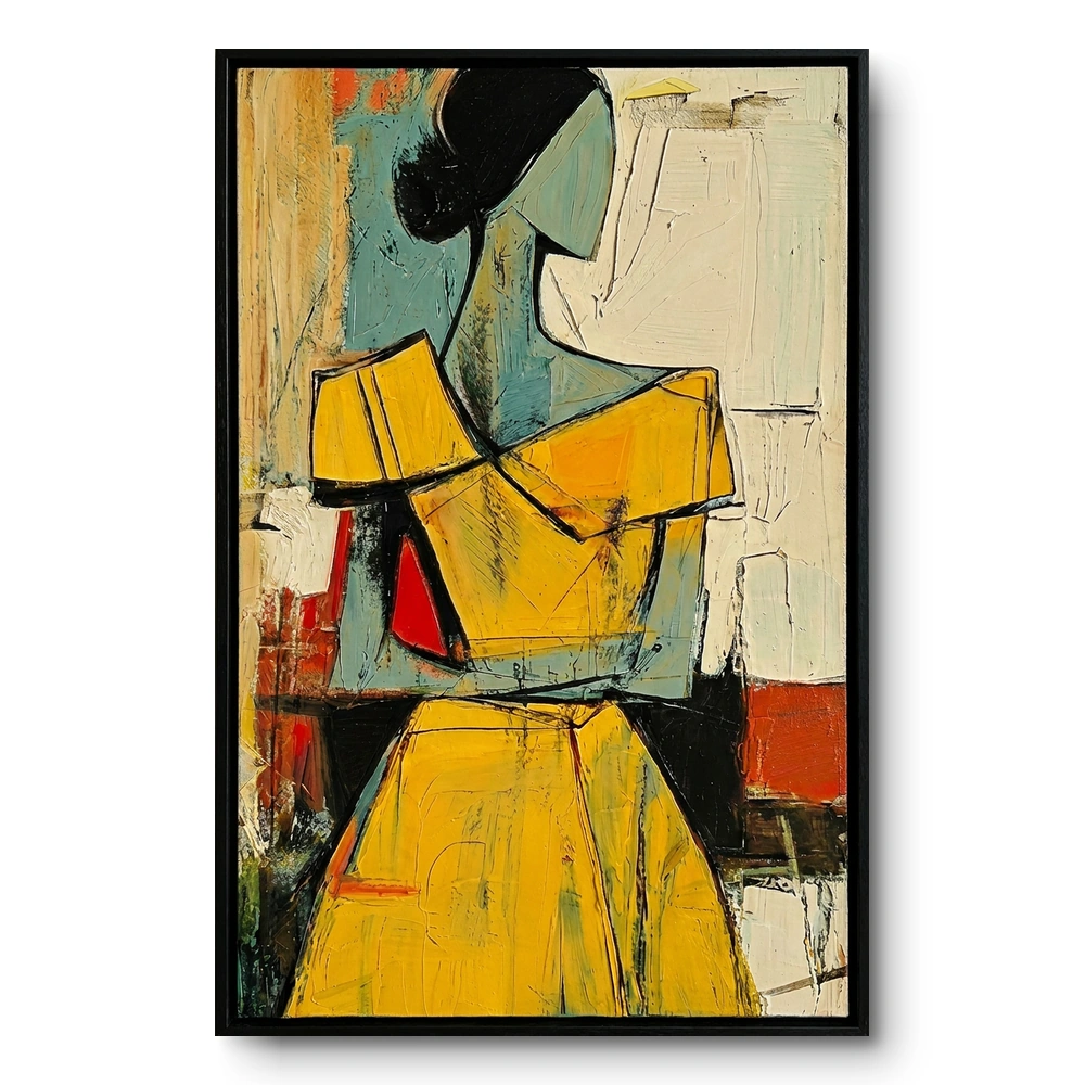Textured cubist figure painting, a woman in a mustard-yellow dress in profile against a teal and cream ground, black frame