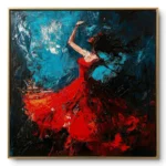 Textured painting of a flamenco dancer in a red dress mid-turn against a teal-black ground, gold frame