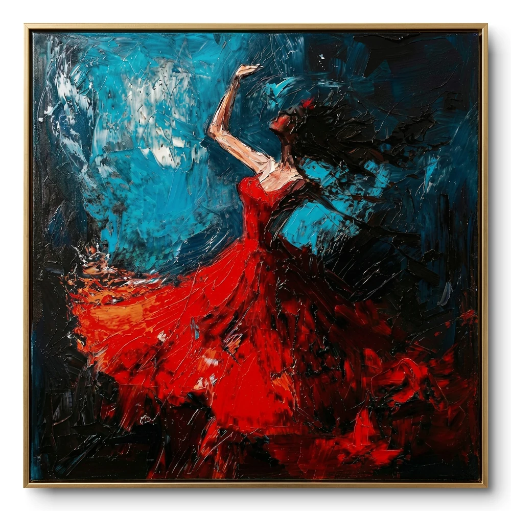 Textured painting of a flamenco dancer in a red dress mid-turn against a teal-black ground, gold frame