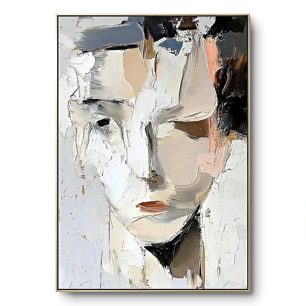 Textured abstract painting of a face in white, grey and tan impasto with gold leaf flecks, thin gold frame