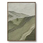 Textured painting of sage-green and white rolling hills in thick impasto, natural wood frame