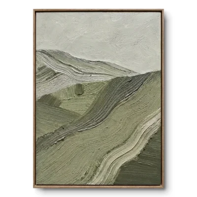 Textured painting of sage-green and white rolling hills in thick impasto, natural wood frame