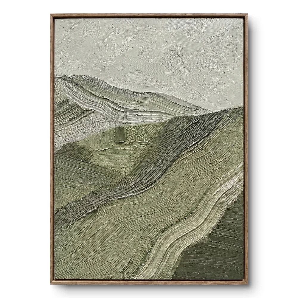 earthy-impasto-landscape-framed-wall-decor-wabi-sabi-wall-art-corrected Textured painting of sage-green and white rolling hills in thick impasto, natural wood frame