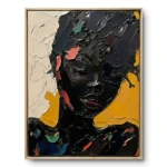 Textured portrait painting of a dark-skinned figure in heavy black impasto with coral and teal accents, mustard-yellow ground, natural wood frame
