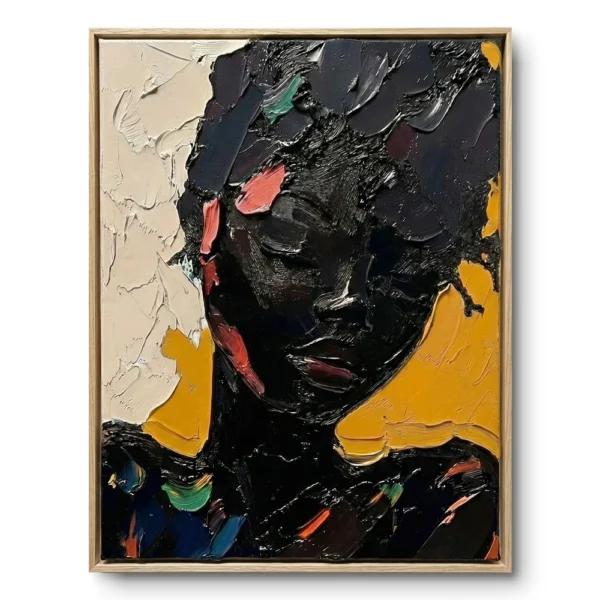 Textured portrait painting of a dark-skinned figure in heavy black impasto with coral and teal accents, mustard-yellow ground, natural wood frame