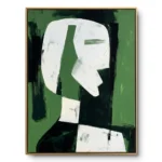 Abstract portrait painting, a white geometric head shape against a green textured ground with black accents, thin gold frame