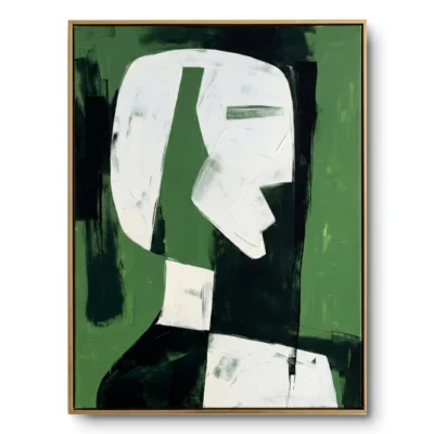 Abstract portrait painting, a white geometric head shape against a green textured ground with black accents, thin gold frame