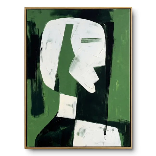 Abstract portrait painting, a white geometric head shape against a green textured ground with black accents, thin gold frame