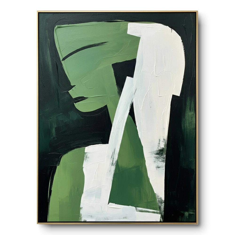 Abstract figure painting, a green profile face and white robed body with a diagonal sash against black ground sections, thin gold frame