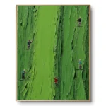 Textured painting of thick vivid-green grass impasto with five tiny golfer figures mid-swing, natural wood frame