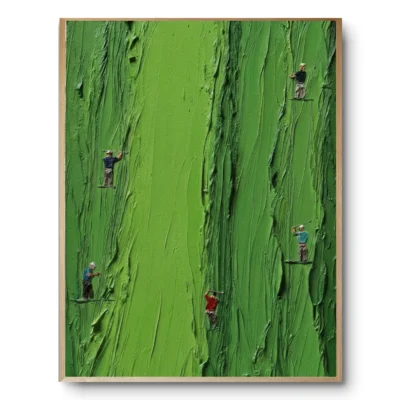 Textured painting of thick vivid-green grass impasto with five tiny golfer figures mid-swing, natural wood frame