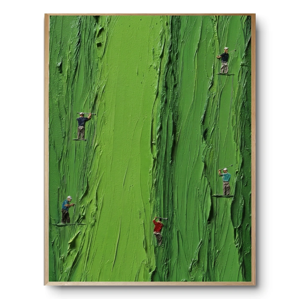 Textured painting of thick vivid-green grass impasto with five tiny golfer figures mid-swing, natural wood frame