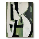 Abstract textured painting of two overlapping draped white forms on green crossed by black vertical bars, gold thin frame