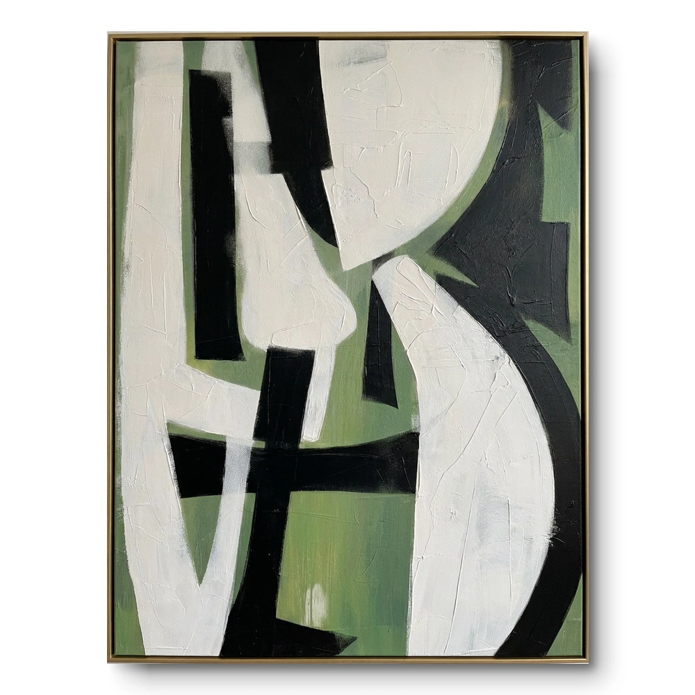 Abstract textured painting of two overlapping draped white forms on green crossed by black vertical bars, gold thin frame