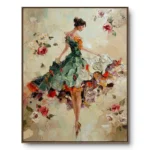 Textured painting of a ballerina in a green ruffled dress dancing among pink and white roses, walnut frame, signed