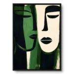 Abstract duality face painting, dark green-black profile mirroring a cream-white profile down a shared centre line, black frame